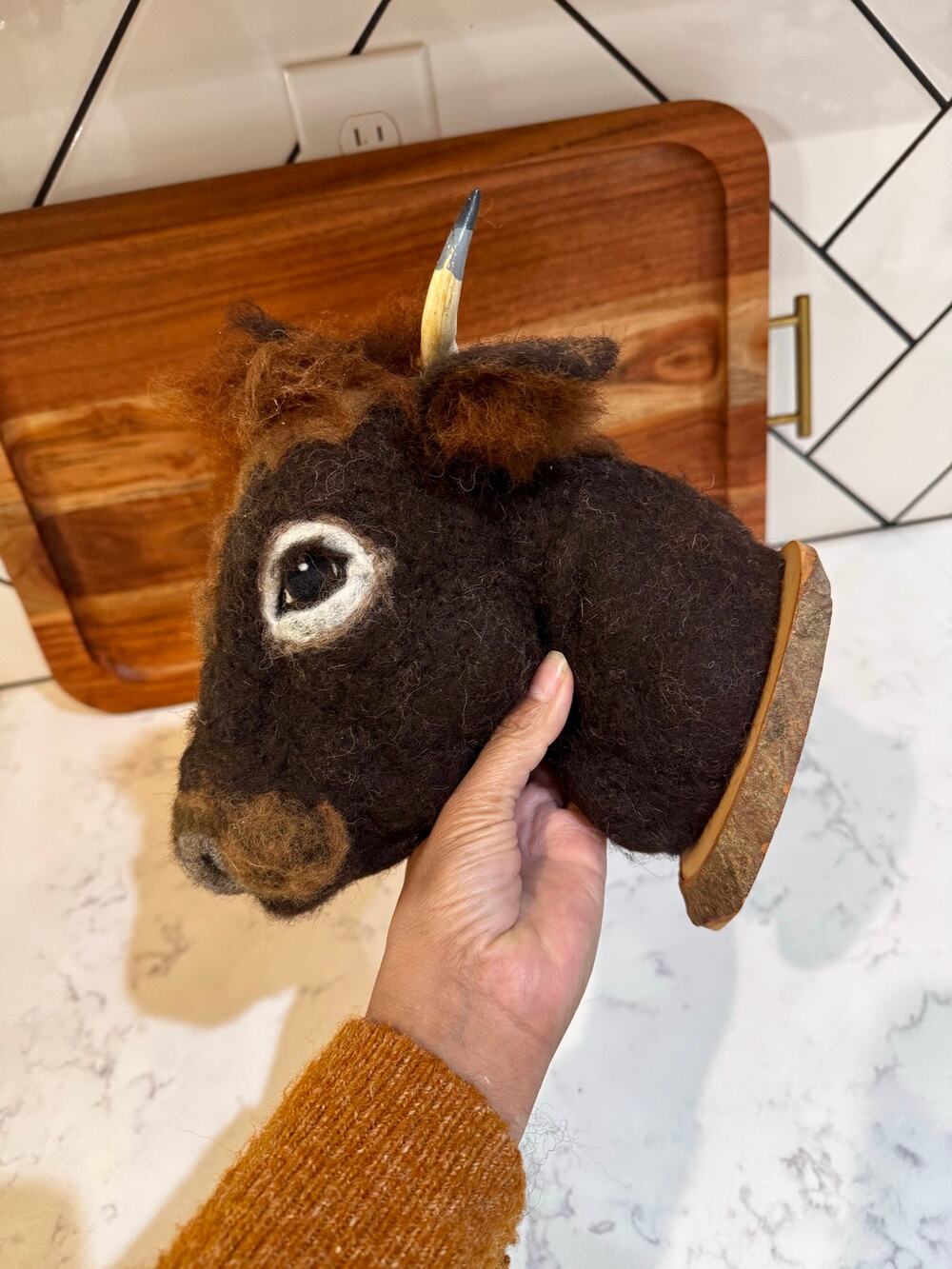 handmade needle-felt wool cow bull head faux taxidermy wall mount wood backing